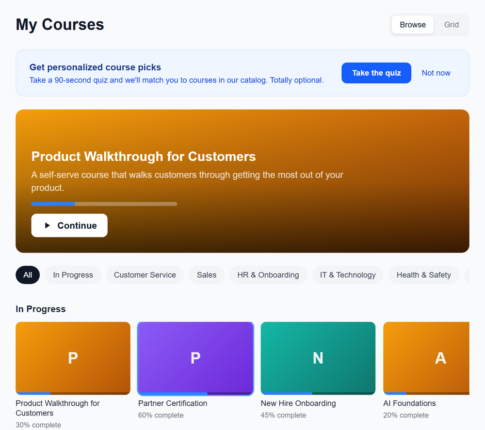 ZillionLMS My Courses page, browsed Netflix-style by category