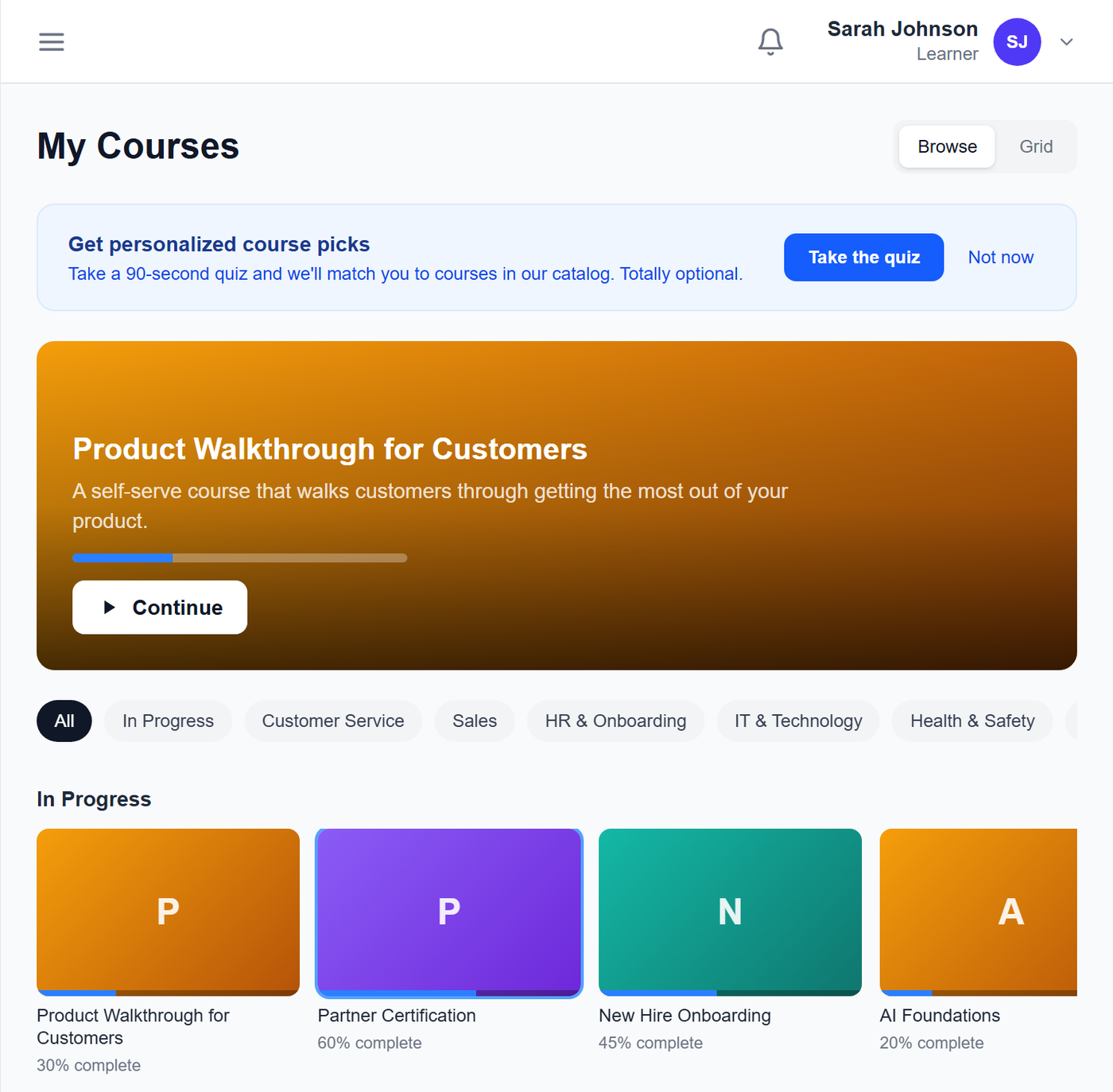ZillionLMS My Courses page, showing in-progress course cards